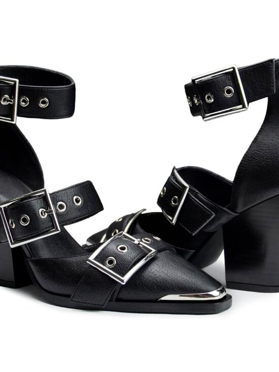 Women\'s Black Western Sandals Chunky Wedge Heels Pointed Pumps Ankle Shoes